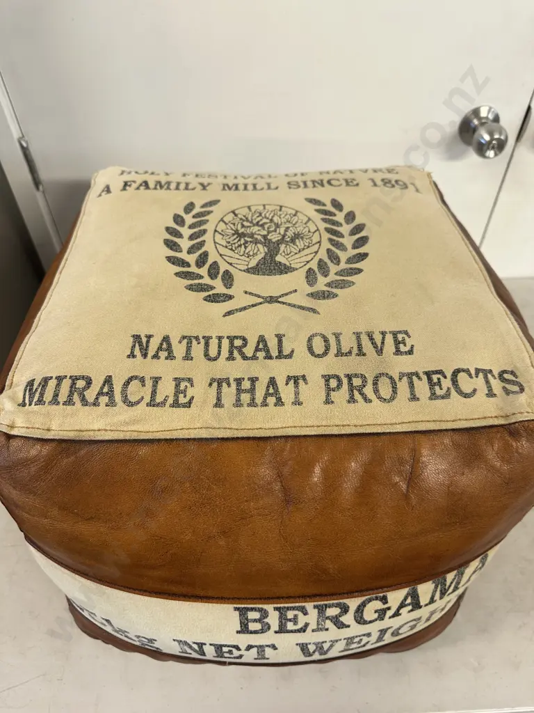 Buffalo Leather & Canvas Pouffe/Ottoman Image 1++