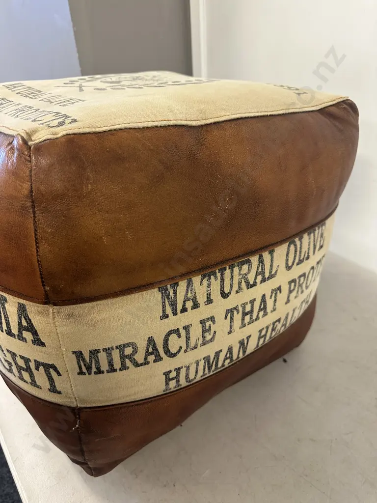 Buffalo Leather & Canvas Pouffe/Ottoman Image 1++
