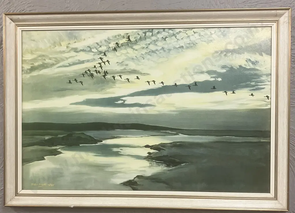 Peter Scott English Wildlife Artist (1909-1989) Vintage Framed Print - "Brent Geese Flighting" 1937. 49 x 70cm Image 1++
