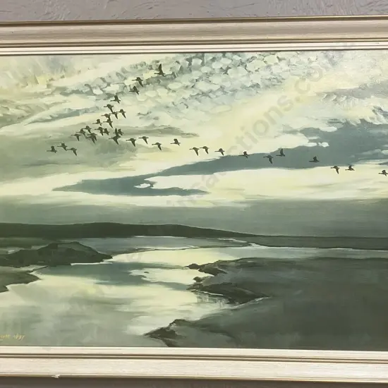 Peter Scott English Wildlife Artist (1909-1989) Vintage Framed Print - "Brent Geese Flighting" 1937. 49 x 70cm