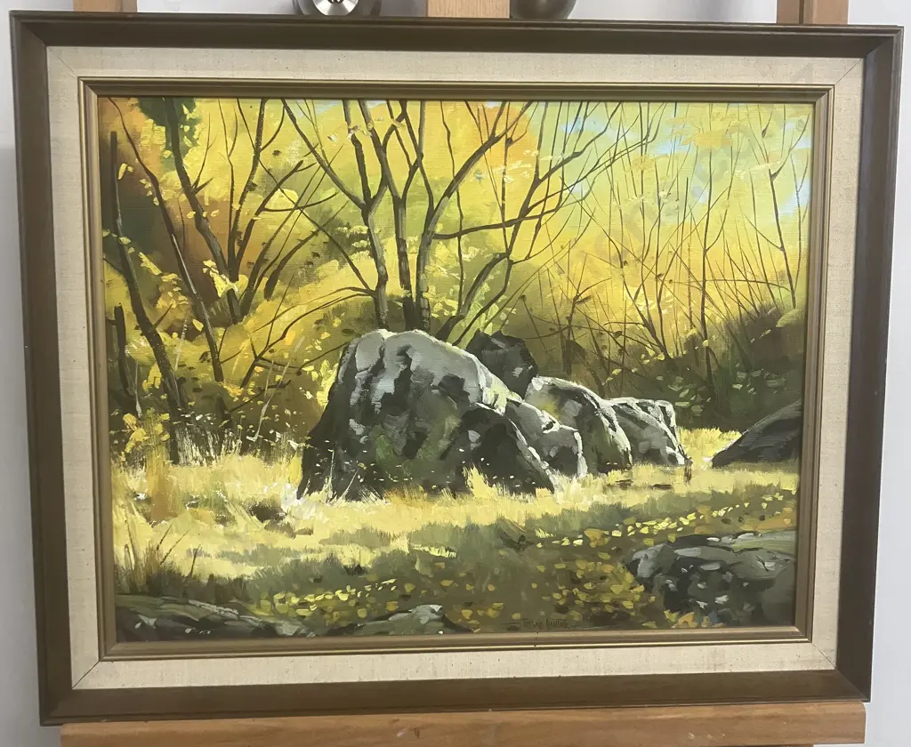 Trevor Hayter "Autumn" Kawerua Gorge. S.I. Oil On Canvas Board, Signed Front, Title On Back. Framed 43 x 53cm Image 1++