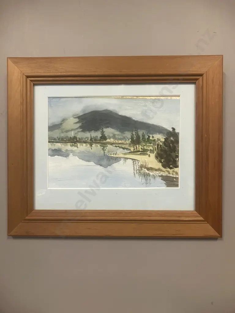 'Kakepuku' P. Smyth Original Painting & 16 x 21cm. Framed & Matted Watercolour Lake & Mountain Scene. 27 x 32cm Image 1++