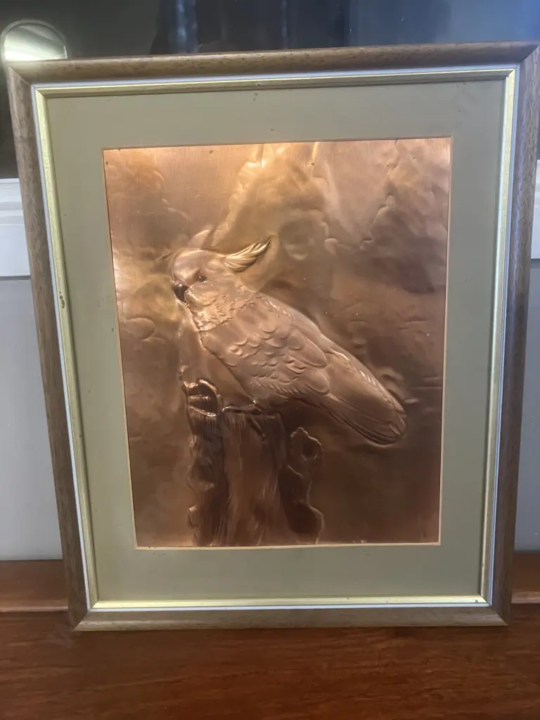Vintage Copper Hand Sculpted Cockatoo Wall Art Piece. 37 x 31cm Image 1++