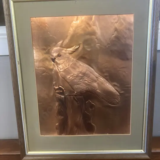 Vintage Copper Hand Sculpted Cockatoo Wall Art Piece. 37 x 31cm