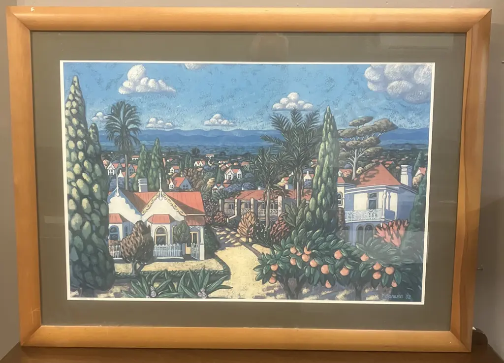 Ingrid Banwell 02 'Houses, Trees & Blue Mountains' Framed Print. 66 x 90cm Image 1++
