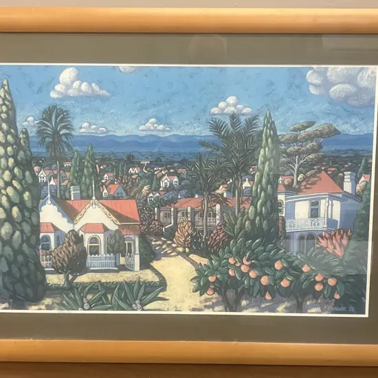 Ingrid Banwell 02 'Houses, Trees & Blue Mountains' Framed Print. 66 x 90cm