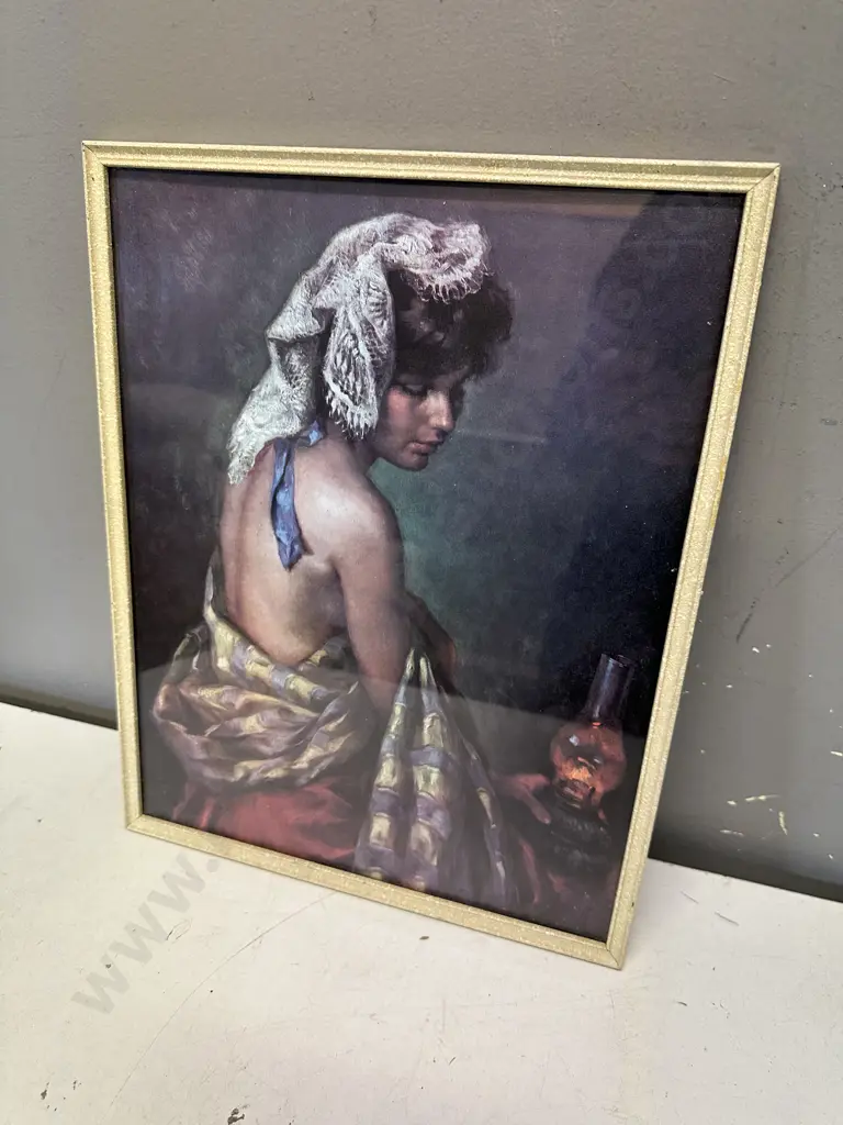 Vintage Mid Century Print Traditonal Gypsy Woman With Oil Lamp 38x30cm. Image 1++