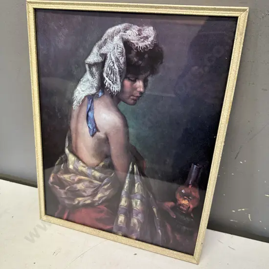Vintage Mid Century Print Traditonal Gypsy Woman With Oil Lamp 38x30cm.