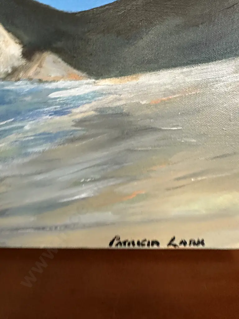 Painting On Canvas By Patricia Lark Coastal Landscape With Sandy Beach 25.5x51cm. Image 1++