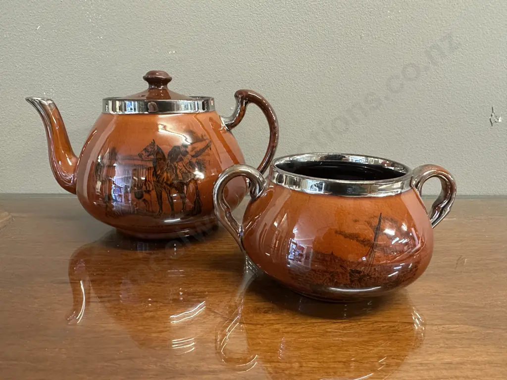 Vintage Athlo Ware Teapot Equestrian Hunting Scene (af) With Sugar Bowl Sons Of The Sea Image 1++