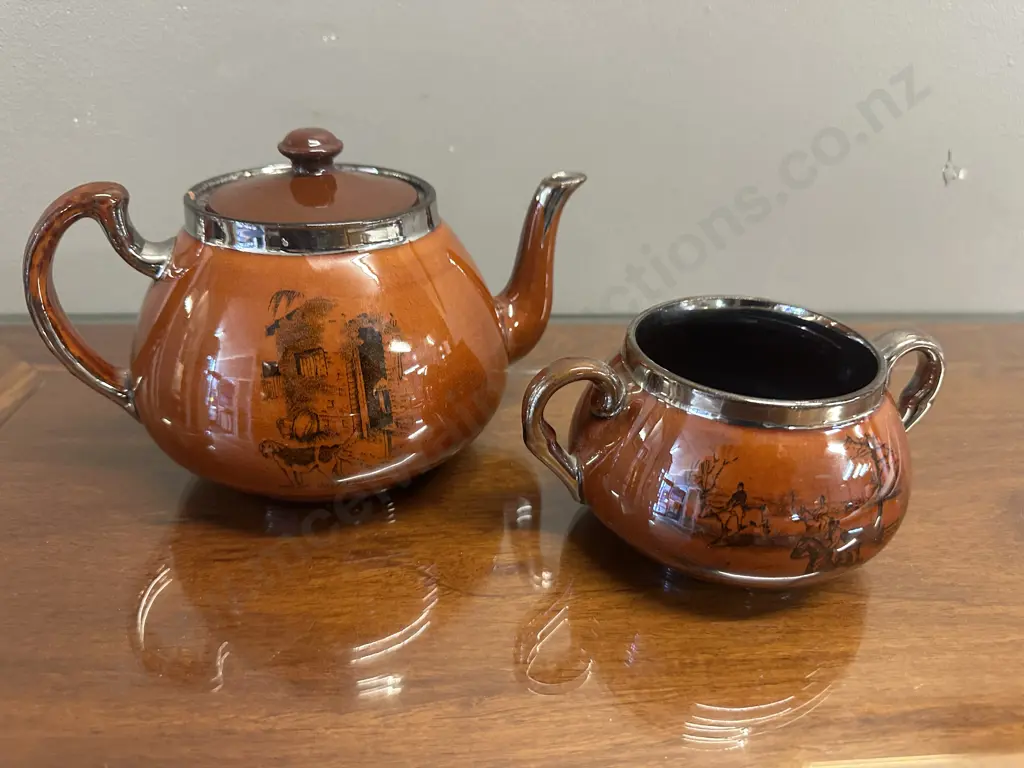 Vintage Athlo Ware Teapot Equestrian Hunting Scene (af) With Sugar Bowl Sons Of The Sea Image 1++