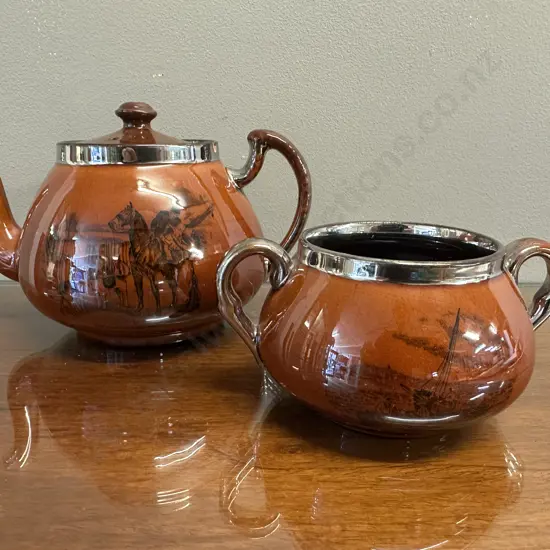 Vintage Athlo Ware Teapot Equestrian Hunting Scene (af) With Sugar Bowl Sons Of The Sea