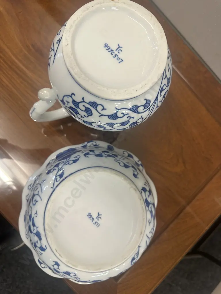 Vintage Blue & White Chinosierie Porcelain Wash Bowl & Jug Image 1++