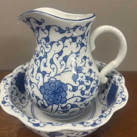 Vintage Blue & White Chinosierie Porcelain Wash Bowl & Jug