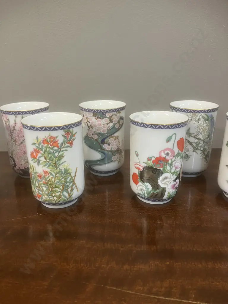12 Months Japanese Tea Cups Franklin Mint Porcelain Kinuko Yamabe (1981) With Twelve Months Of the Year Teapot (1983) Image 1++