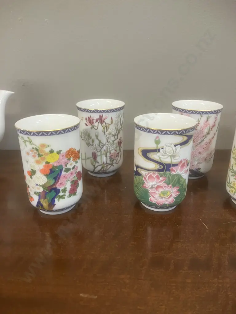 12 Months Japanese Tea Cups Franklin Mint Porcelain Kinuko Yamabe (1981) With Twelve Months Of the Year Teapot (1983) Image 1++