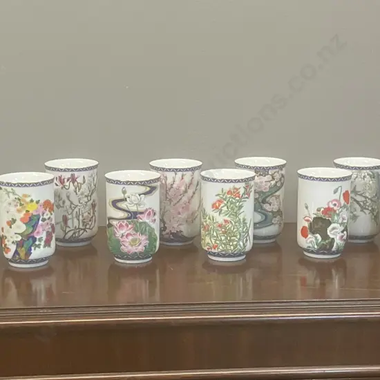 12 Months Japanese Tea Cups Franklin Mint Porcelain Kinuko Yamabe (1981) With Twelve Months Of the Year Teapot (1983)