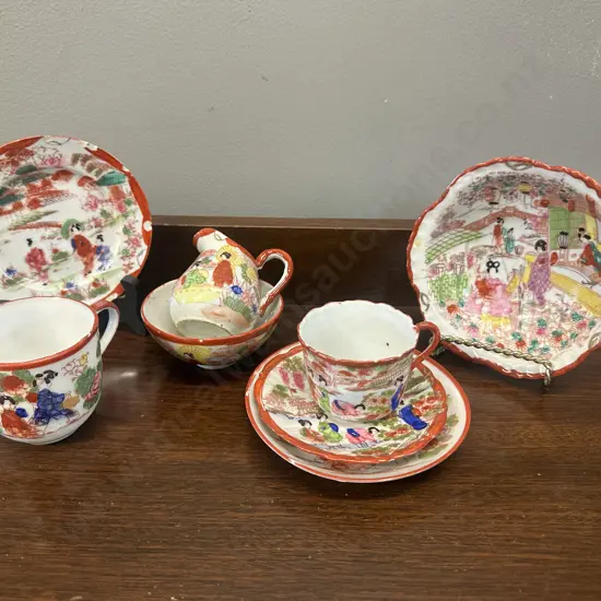 Antique Japanese Kutani Style Porcelain Tea Ware Items With With Geisha Figures & Landscape Scenes
