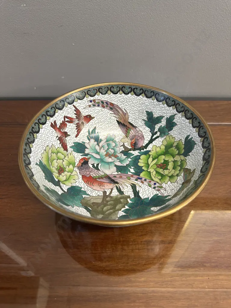 Decorative Chinese Cloisonne Enamel Floral & Bird Detail H8 Dia20cm. Image 1++