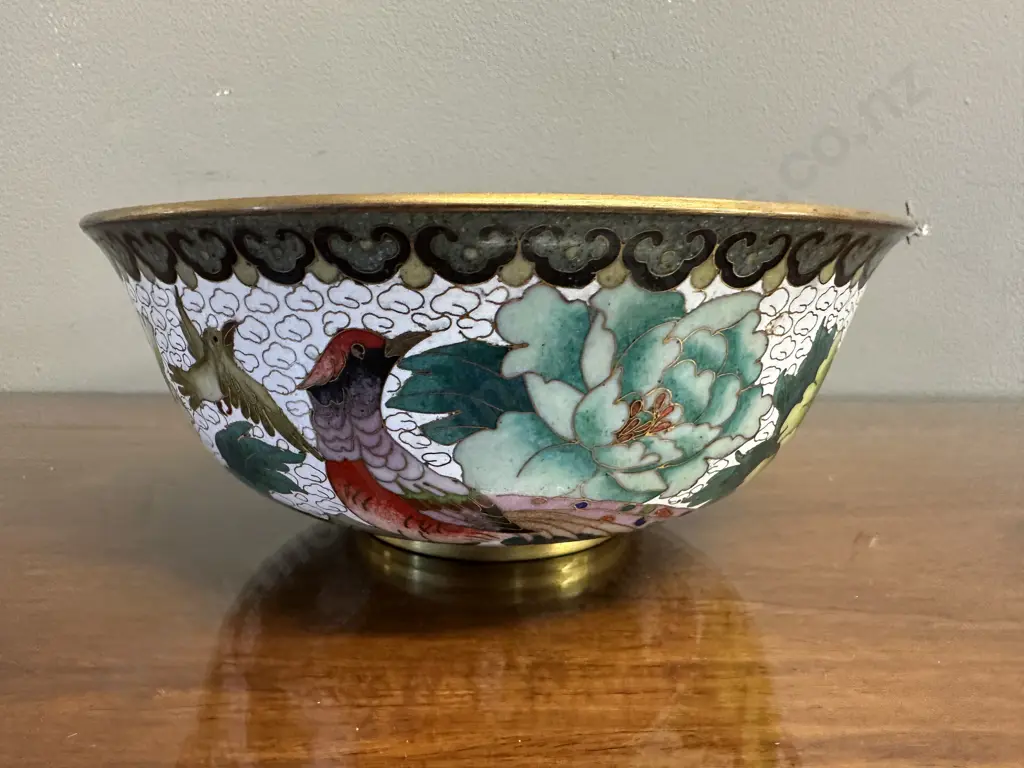 Decorative Chinese Cloisonne Enamel Floral & Bird Detail H8 Dia20cm. Image 1++