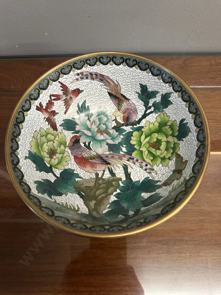 Decorative Chinese Cloisonne Enamel Floral & Bird Detail H8 Dia20cm. Image 1++