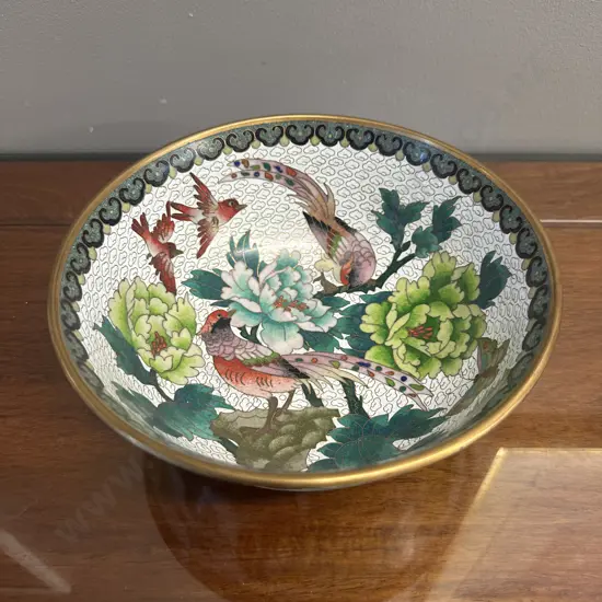 Decorative Chinese Cloisonne Enamel Floral & Bird Detail H8 Dia20cm.
