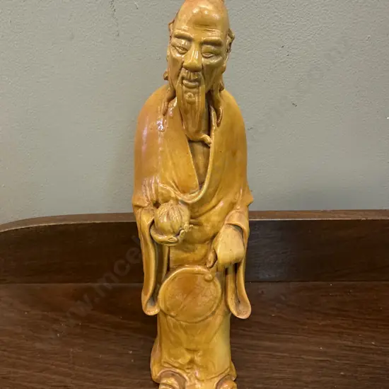 Vintage Figurine Elderly Bearded Chinese Man Holding Fruit H25cm.