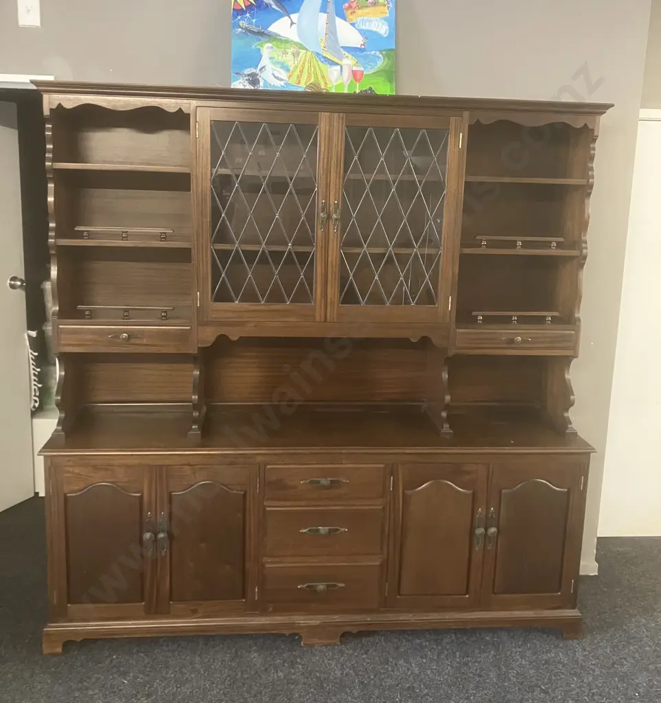 Mid-Century Dark Stained Oak Wall Unit, 5 Drawer, 6 Door ( 2 Leadlight Look), 2 Piece. H198.5 W197 D43cm Image 1++