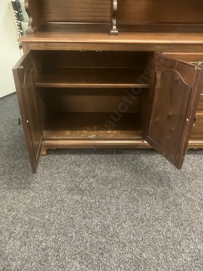 Mid-Century Dark Stained Oak Wall Unit, 5 Drawer, 6 Door ( 2 Leadlight Look), 2 Piece. H198.5 W197 D43cm Image 1++