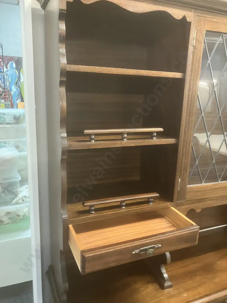 Mid-Century Dark Stained Oak Wall Unit, 5 Drawer, 6 Door ( 2 Leadlight Look), 2 Piece. H198.5 W197 D43cm Image 1++