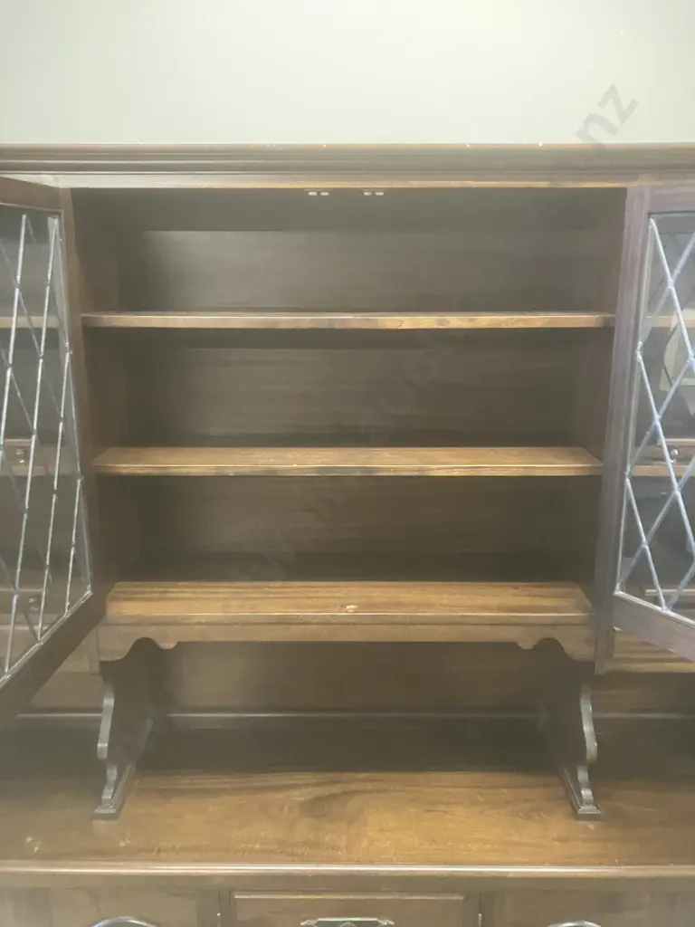 Mid-Century Dark Stained Oak Wall Unit, 5 Drawer, 6 Door ( 2 Leadlight Look), 2 Piece. H198.5 W197 D43cm Image 1++