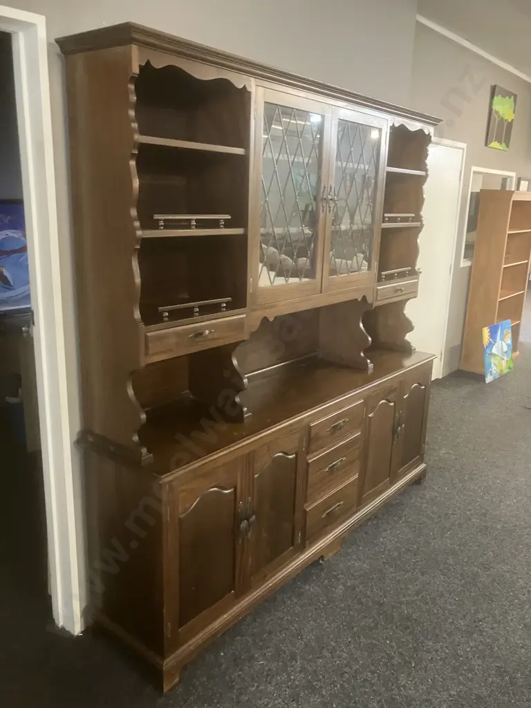 Mid-Century Dark Stained Oak Wall Unit, 5 Drawer, 6 Door ( 2 Leadlight Look), 2 Piece. H198.5 W197 D43cm Image 1++