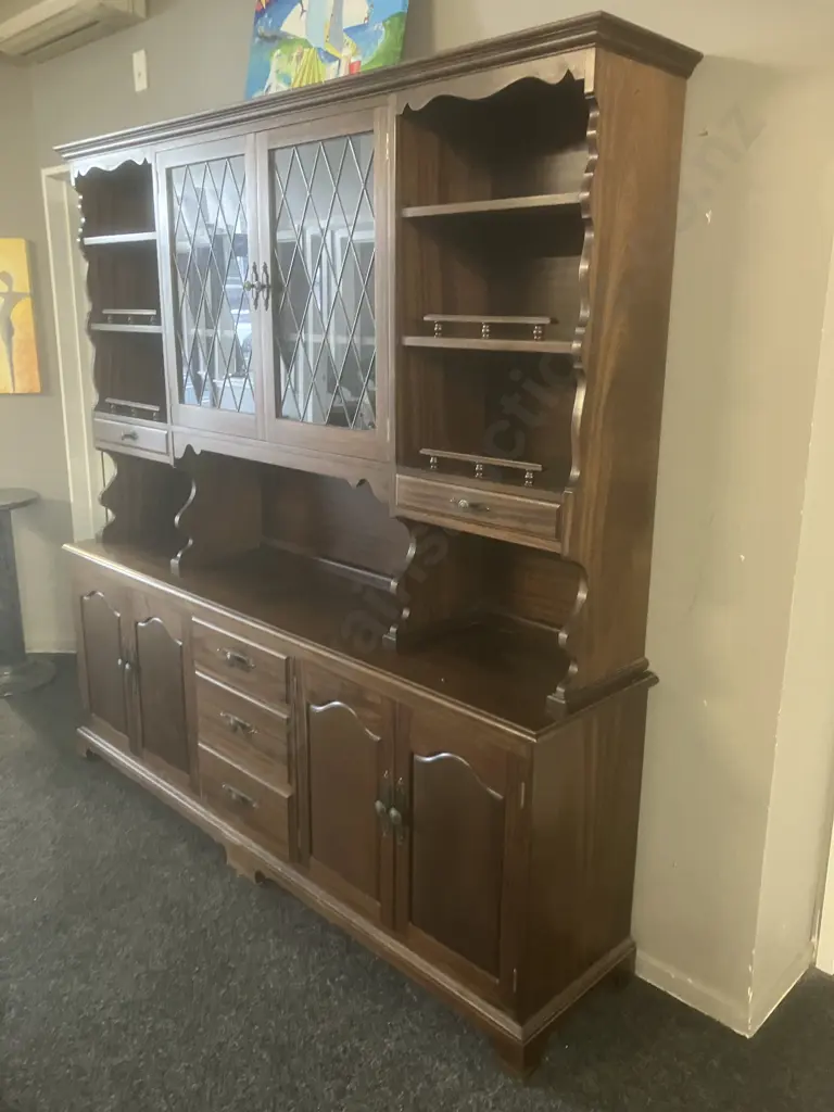 Mid-Century Dark Stained Oak Wall Unit, 5 Drawer, 6 Door ( 2 Leadlight Look), 2 Piece. H198.5 W197 D43cm Image 1++