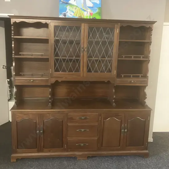 Mid-Century Dark Stained Oak Wall Unit, 5 Drawer, 6 Door ( 2 Leadlight Look), 2 Piece. H198.5 W197 D43cm