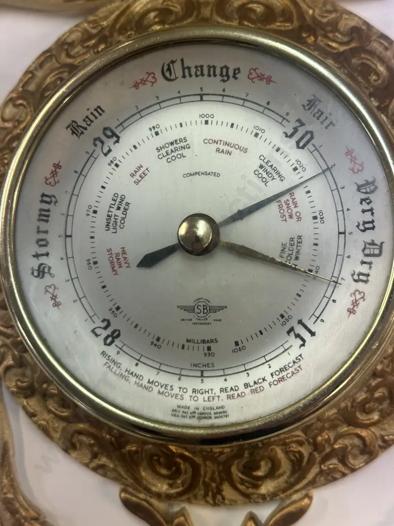 Vintage Mid Century English (SB) Aneroid Barometer Ornate Cream Gilt Rococo Style 39x24cm Image 1++