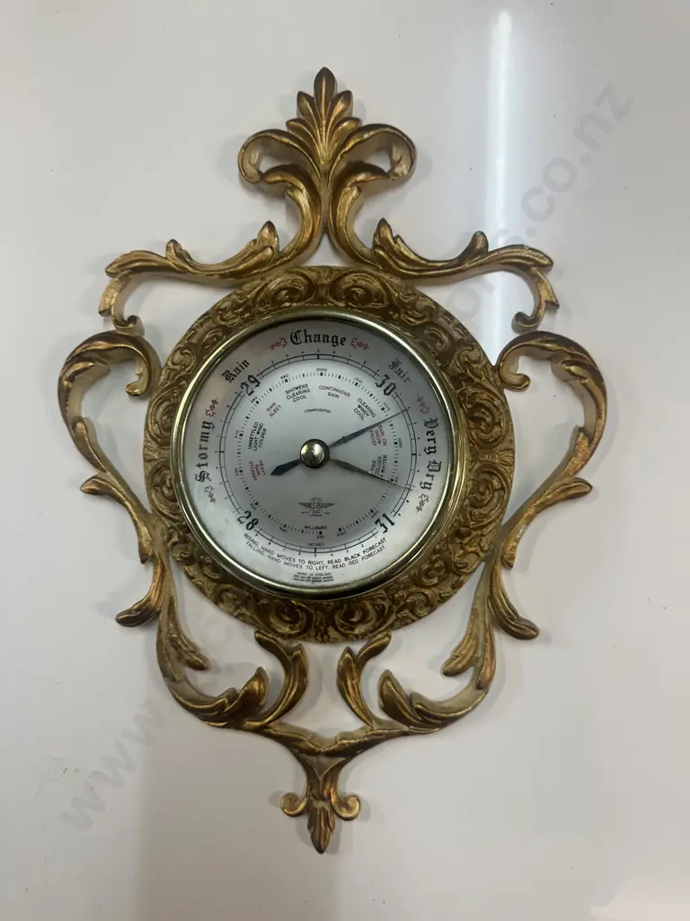 Vintage Mid Century English (SB) Aneroid Barometer Ornate Cream Gilt Rococo Style 39x24cm Image 1++