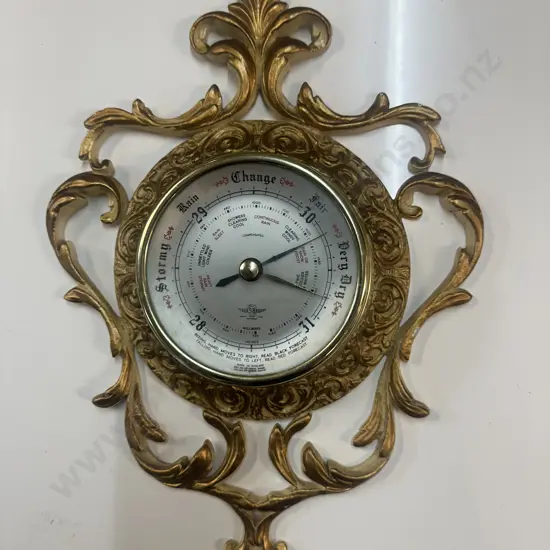 Vintage Mid Century English (SB) Aneroid Barometer Ornate Cream Gilt Rococo Style 39x24cm