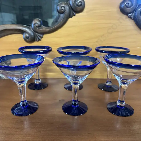 Vintage Hand Blown Margarita / Martini Glasses with Cobalt Blue Rim & Base - Set of Six