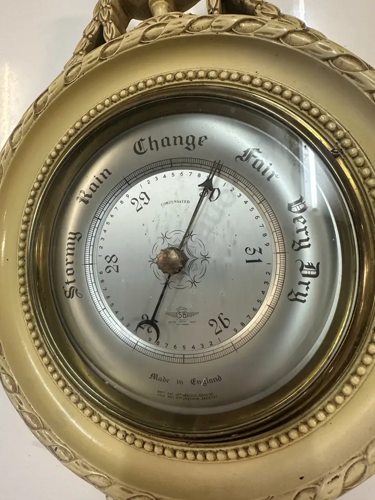 Vintage Shortland Smith (SB) Wall Mounted Aneroid Barometer Gilt In Ornate Metal Frame 38x27cm.  Image 1++