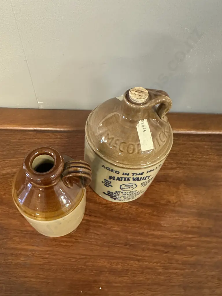 Vintage Stoneware Two Toned Jugs/Decanters Including Platte Valley Straight Corn Whiskey & Pearsons Of Chesterfield Image 1++