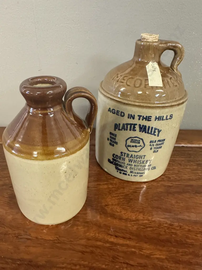 Vintage Stoneware Two Toned Jugs/Decanters Including Platte Valley Straight Corn Whiskey & Pearsons Of Chesterfield Image 1++