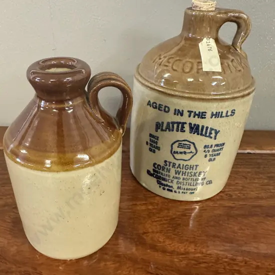 Vintage Stoneware Two Toned Jugs/Decanters Including Platte Valley Straight Corn Whiskey & Pearsons Of Chesterfield