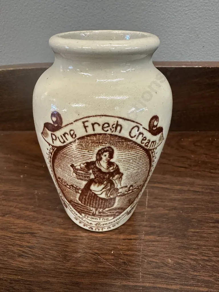 1910 Sepia Transfer Pictorial Cream Pot -Milkmaid With Cream Crock H11cm. Image 1++