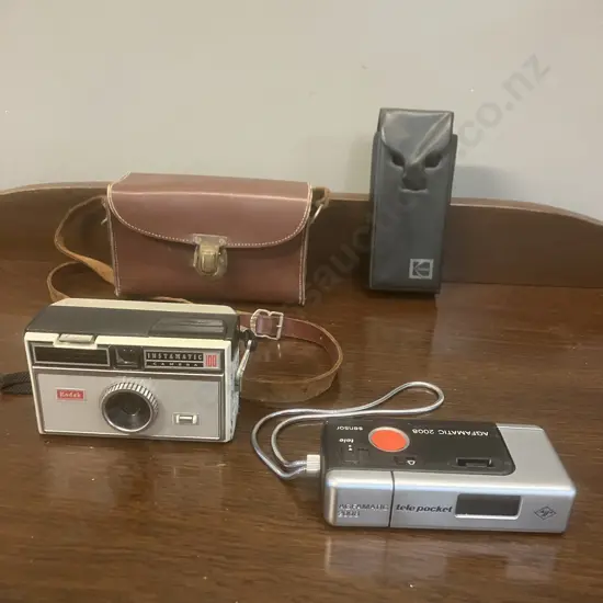 Vintage German Agfamatic 2008 Pocket Sensor 110 Camera & Case. 1960s Kodak Instamatic 100 Film Camera With Leather Case