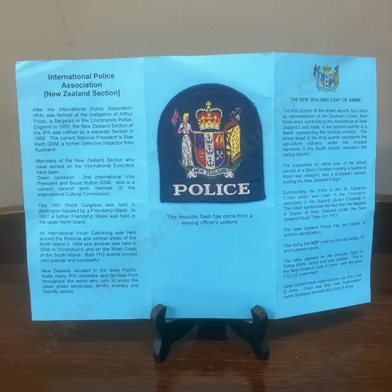 Rare New Zealand Police Shoulder Patch on a International Police Association (NZ Section) History Card