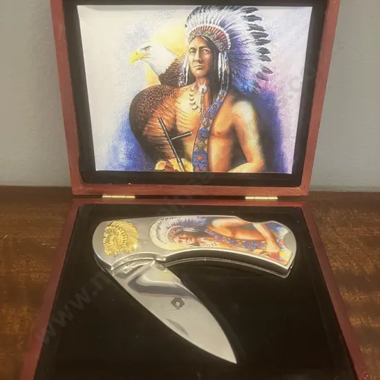 Vintage Collectors Folding Pocket Knife In Fitted Box With Native American Scene