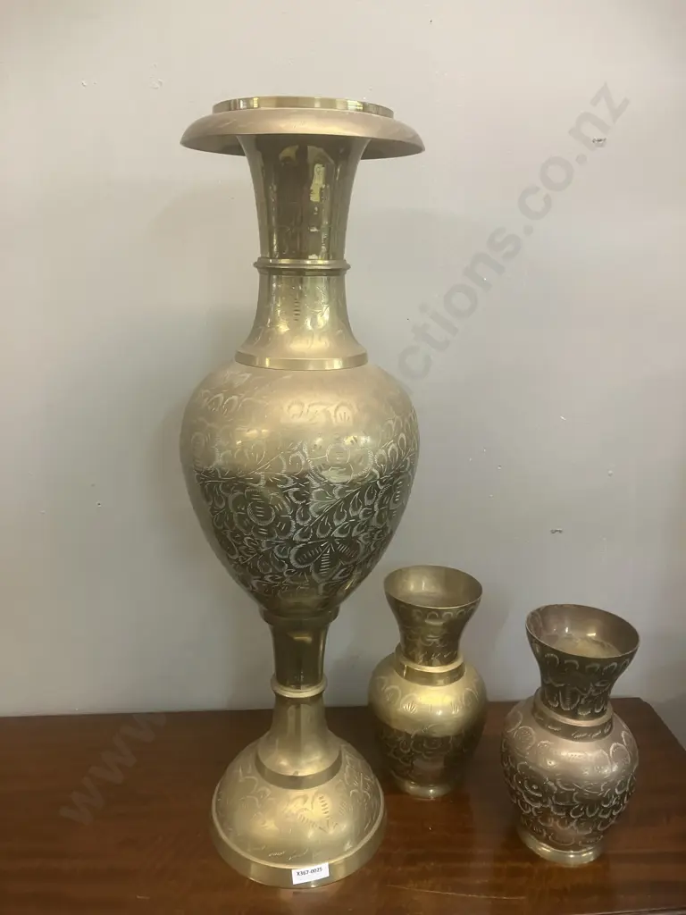 Large 61cm Etched Brass Vase With a Pair of 21cm Brass Vases Image 1++