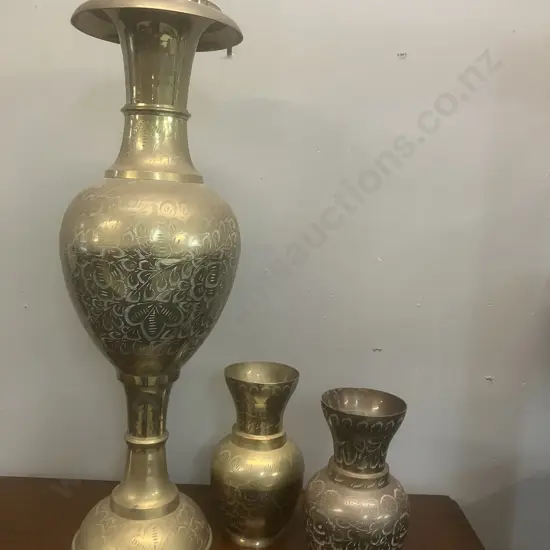 Large 61cm Etched Brass Vase With a Pair of 21cm Brass Vases