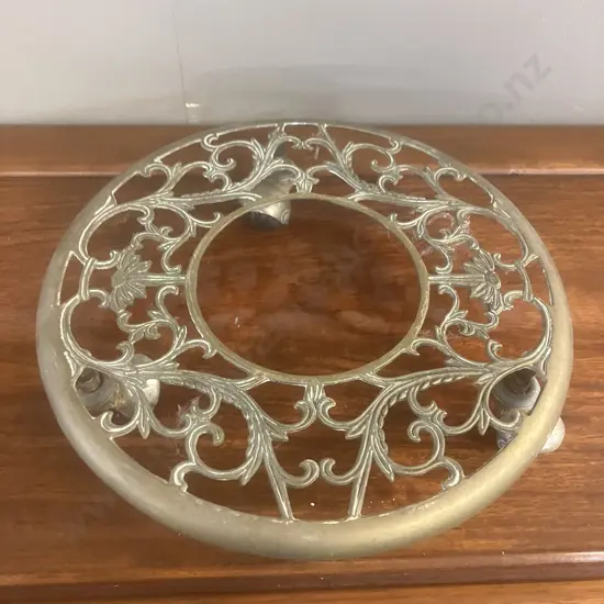 Vintage Round Ornate Brass Rolling Plant Stand. Dia 28cm