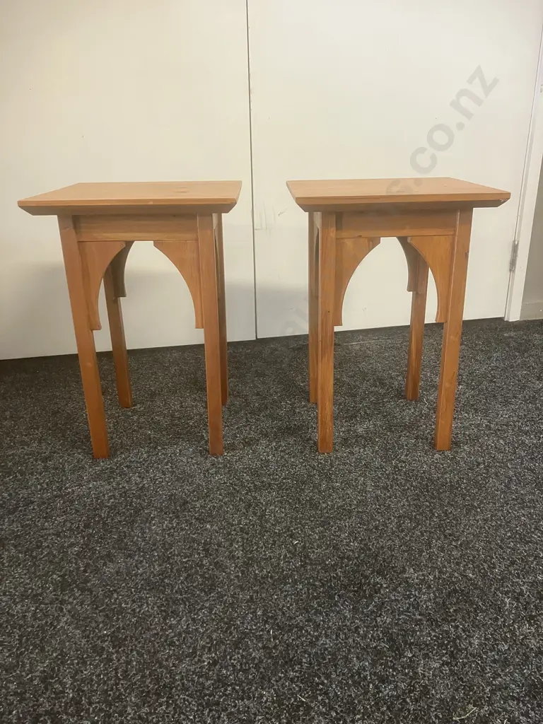 Pair of Small Rimu Moorish Arch Occasional Tables. H50 W35 D35.5cm Image 1++
